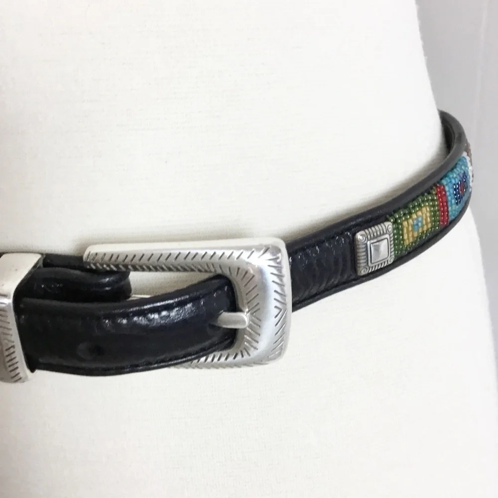 Brighton Black & Beaded Belt Leather Size 32 New